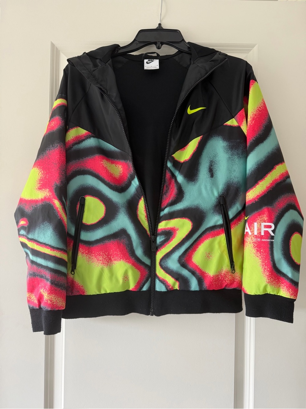 Nike Kids Black Hooded Windbreaker Jacket with Neon Wave Print